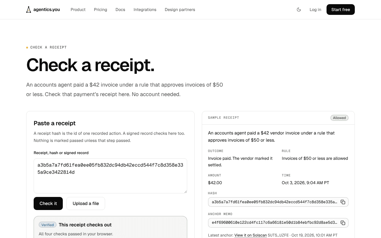 The public Check a receipt page at agentics.you/verify